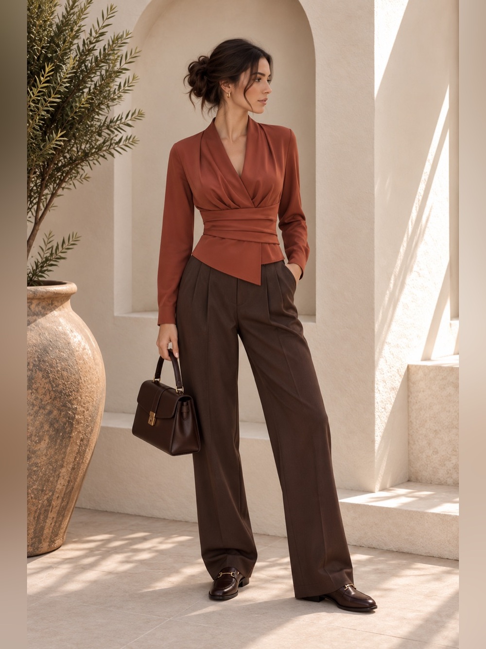 Commense Orange Red Satin Asymmetric V-Neck Blouse XS | Going Out Top